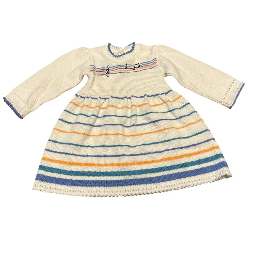Vintage Knit Long Sleeve Dress Music Notes Toddler Size 2T Blue Yellow Stripes